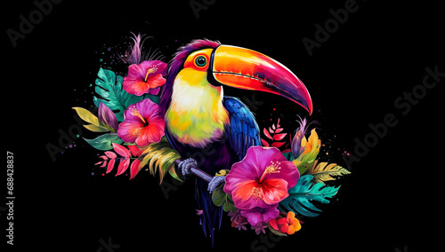 Colorful toucan bird with tropical flowers watercolor art with splash of paint, isolated on black background. Tropical paradise travel vacation cute cartoon, exotic jungle graphic resource by Vita © Vita