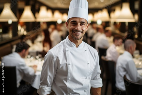 Smiling Professional Chef in Busy Restaurant Kitchen 