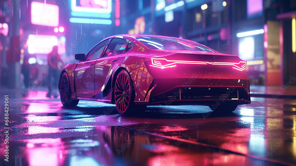 A Car Being Sashed at Midnight Surrounded By the Neon-Lit Streets Of A City Blurry Background A Car Being Sashed at Midnight Surrounded By the Neon-Lit Streets Of A City Blurry Background
