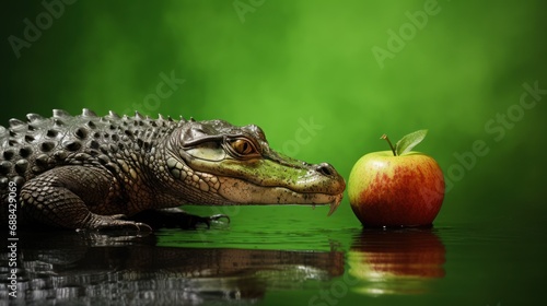  a close up of a alligator with an apple in front of a body of water in front of a green background. photo