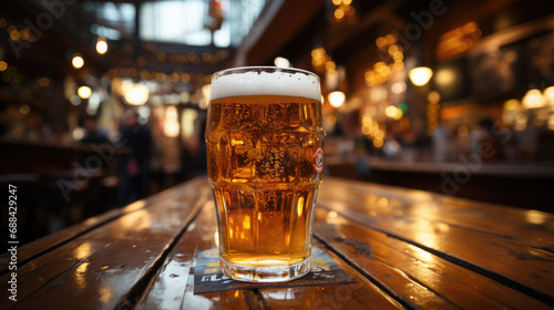 Single mug of cold refreshing ale on a bar table