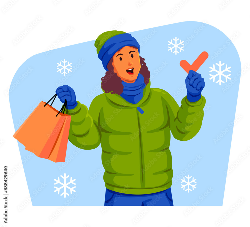 Woman in a winter jacket with winter hat and scarf holding shopping bags and check mark