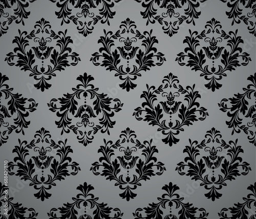 Wallpaper in the style of Baroque. Seamless vector background. Black and gray floral ornament. Graphic pattern for fabric, wallpaper, packaging. Ornate Damask flower ornament