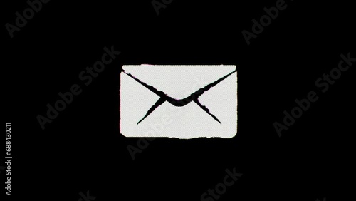 A mail or letter icon glitches in, wavers for a few seconds, and then glitches out. Alpha channel Premultiplied - Matted over black