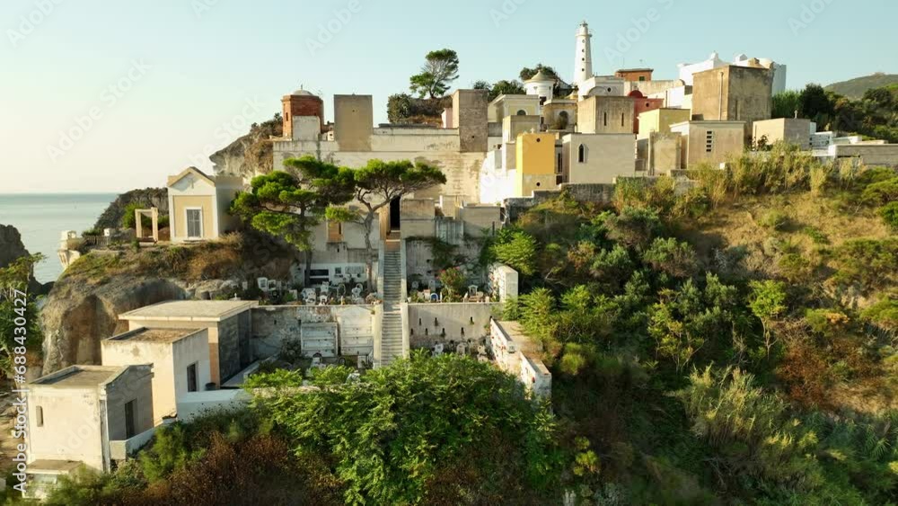 Historical Cemetery on Isola di Ponza during sunny summer morning. Drone panning shot Historical Cemetery on Isola di Ponza during sunny summer morning. Drone panning shot