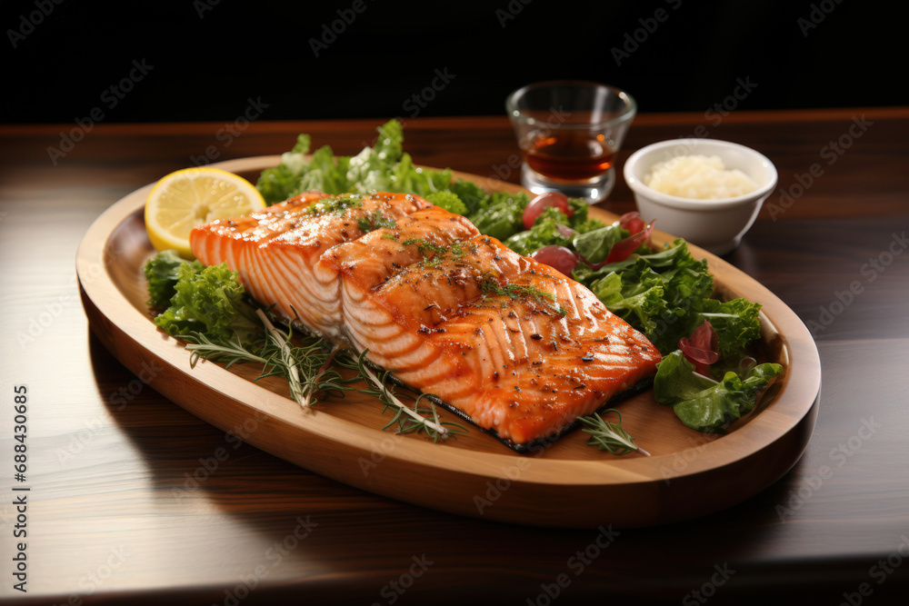 A grilled salmon steak on wooden table use for the National Salmon Day A grilled salmon steak on wooden table use for the National Salmon Day