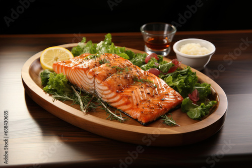 A grilled salmon steak on wooden table use for the National Salmon Day