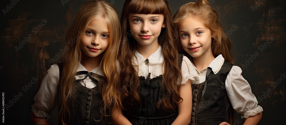 Obraz premium Three girls pose in front of a blackboard as students.
