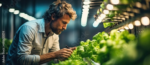 Male scientist examines organic, hydroponic vegetable research on indoor vertical farm. photo