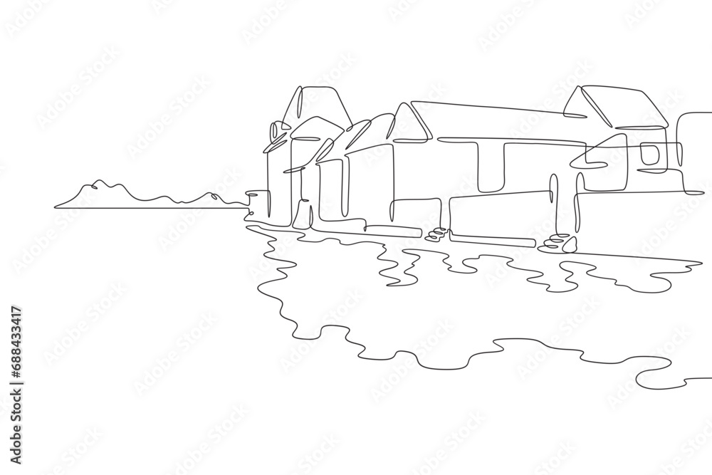 Embankment. Old town on the river bank. Reflection in the water. City landscape. One continuous line drawing. Linear. Hand drawn, white background. One line.