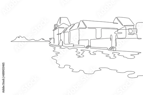 Embankment. Old town on the river bank. Reflection in the water. City landscape. One continuous line drawing. Linear. Hand drawn, white background. One line.