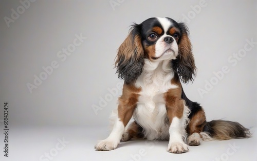 Perro de raza King Charles Spaniel mirando a la derecha, sentado sobre fondo blanco