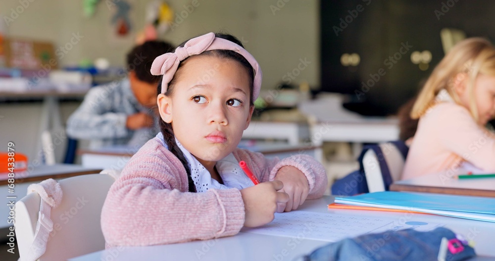Child, thinking and pen with paper by desk, education and solving a ...