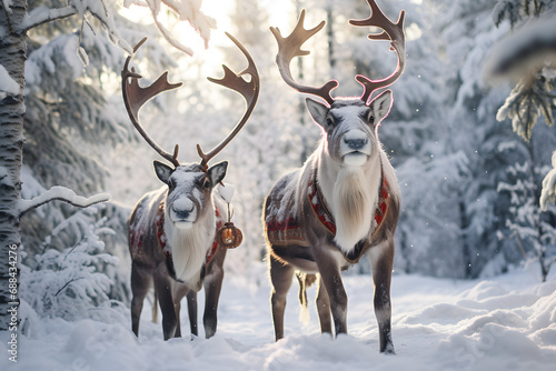Christmas New Year Reindeer with antlers and outfit in a snowy forest