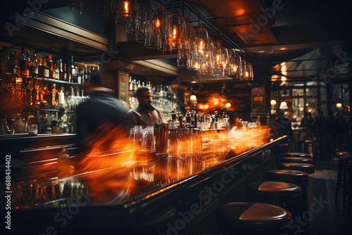 Cozy and atmospheric bar at night with a row of bar stools. photo
