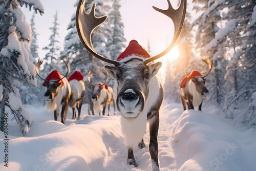 Christmas New Year Reindeer with antlers and outfit in a snowy forest