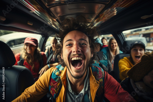 joyful group of friends enjoying a car ride together. © Degimages