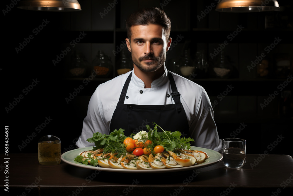 Chef Showcasing His Culinary Creation in restaurant.