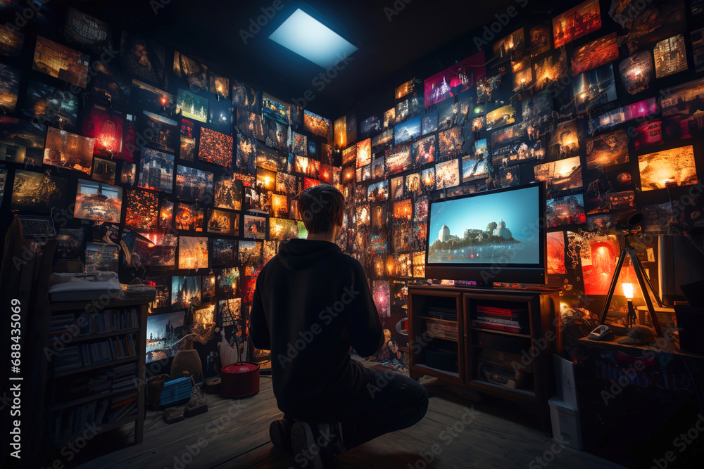 A man standing in a room filled with lots of monitors. A man standing in a room filled with lots of monitors.