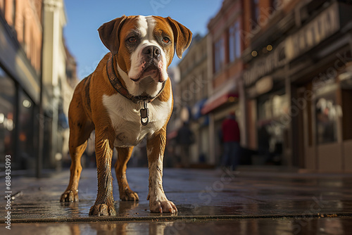 Dog standing on a city street. Low pint of view. © Degimages