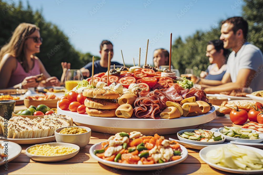 A group of people sitting around a table full of food. Friends having lunch in the yard.