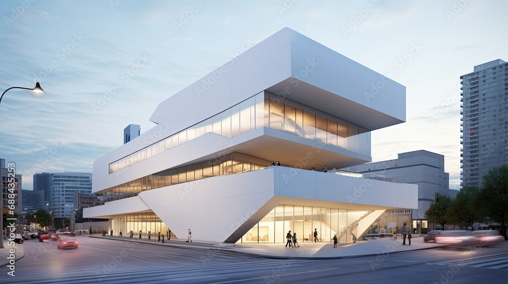 Contemporary white building with modern architecture - obrazy, fototapety, plakaty 