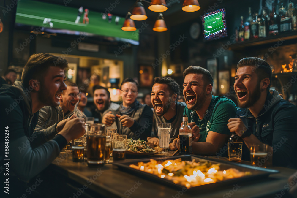 A group of friends sitting at a table in a bar and watching football on big screen. - obrazy, fototapety, plakaty 