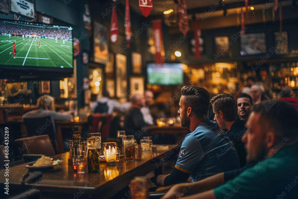 A group of friends sitting at a table in a bar and watching football on big screen.