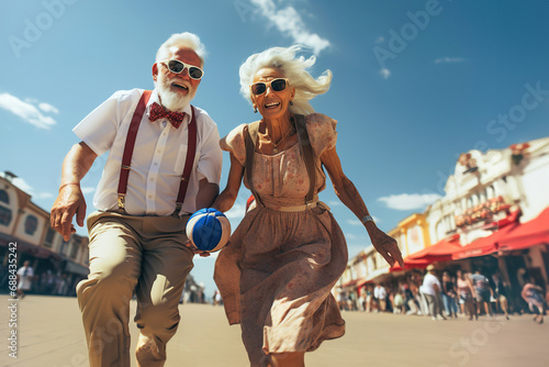 Old senior men and woman are running with a ball. Elderly people playing