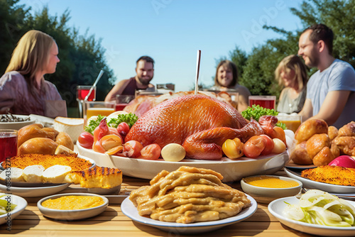 A group of people sitting around a table full of food. Friends having lunch in the yard.