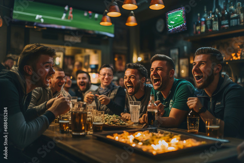 A group of friends sitting at a table in a bar and watching football on big screen.