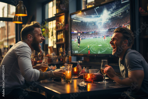 A group of friends sitting at a table in a bar and watching football on big screen. photo