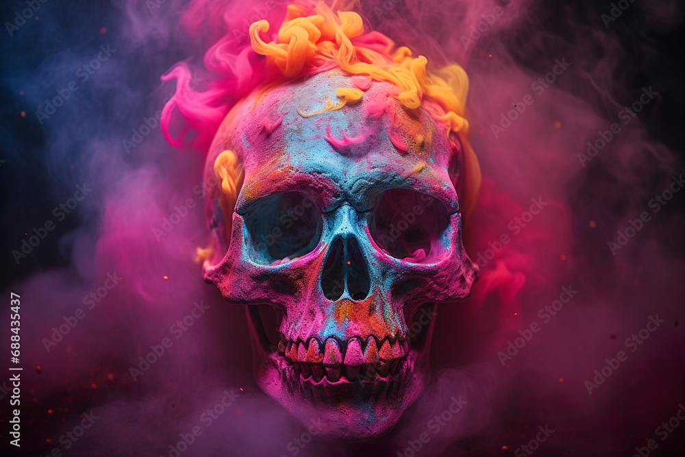 Scary skull emerging from a cloud of colorful smoke, Halloween concept. Scary skull emerging from a cloud of colorful smoke, Halloween concept.