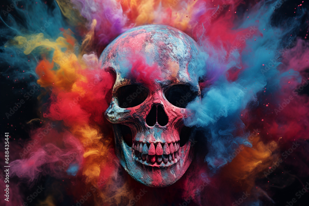 Scary skull emerging from a cloud of colorful smoke, Halloween concept. Scary skull emerging from a cloud of colorful smoke, Halloween concept.