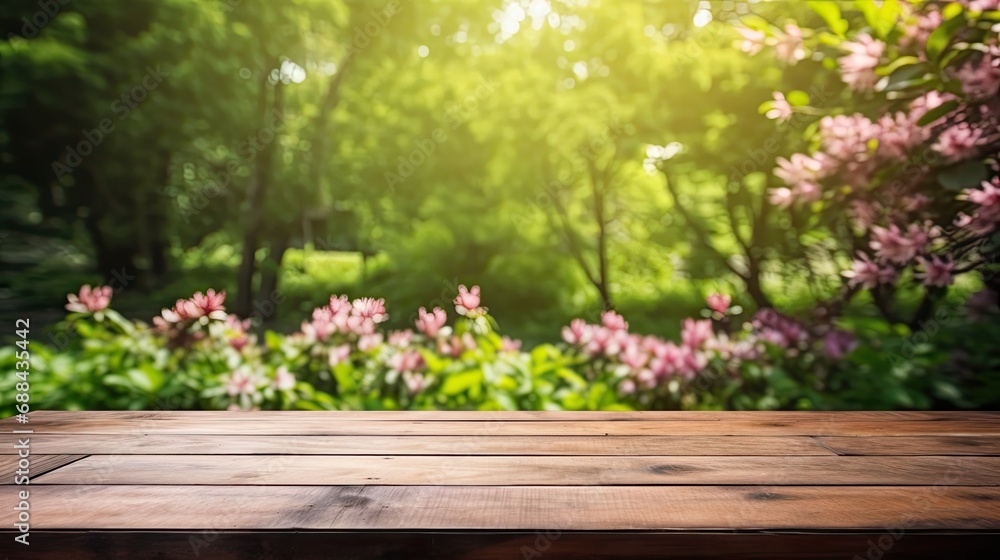 Empty old wooden table with green nature background Empty old wooden table with green nature background