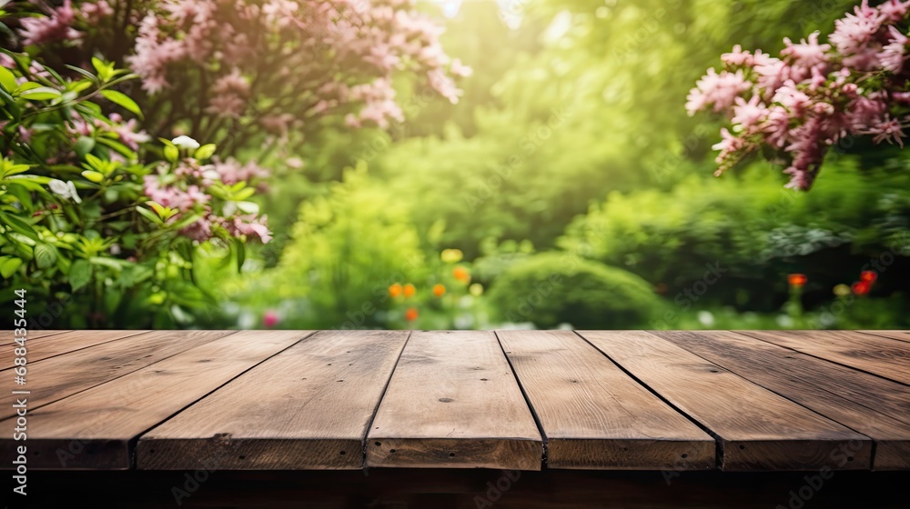 Obraz premium Empty old wooden table with green nature background