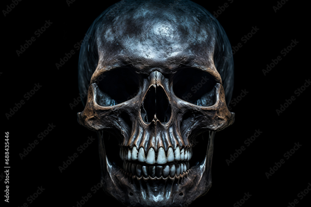Obraz premium Scary skull on black background, Halloween concept.