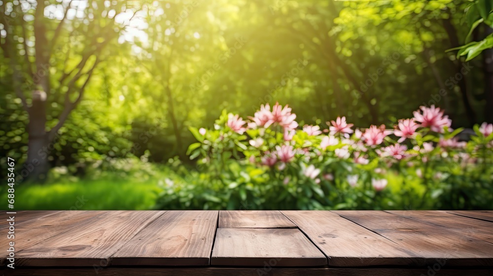 Empty old wooden table with green nature background Empty old wooden table with green nature background