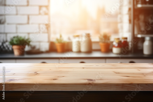 Wood table top on blur kitchen counter (room)background. © erika8213