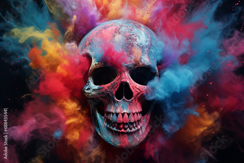  Scary skull emerging from a cloud of colorful smoke, Halloween concept.