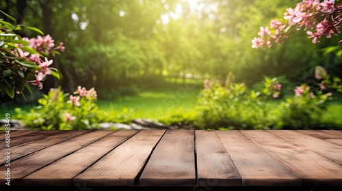 Empty old wooden table with green nature background © paisorn