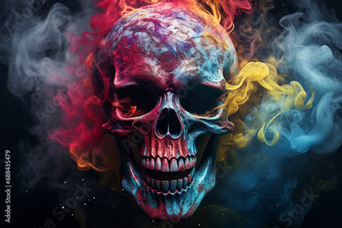  Scary skull emerging from a cloud of colorful smoke, Halloween concept. © erika8213