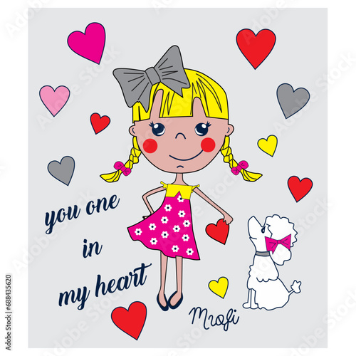  cute little girls with dog lover print vector art 