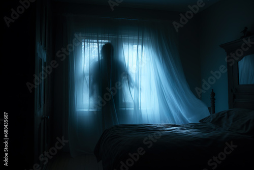 Horror silhouette of an unknown shadow figure in window at night. photo