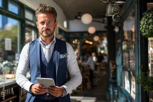 A man restaurant owner holding a tablet in front of restaurant. Small business concept.