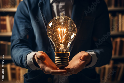 Man holding illuminated light bulb. Idea, innovation, thinking, and inspiration for business concepts.
