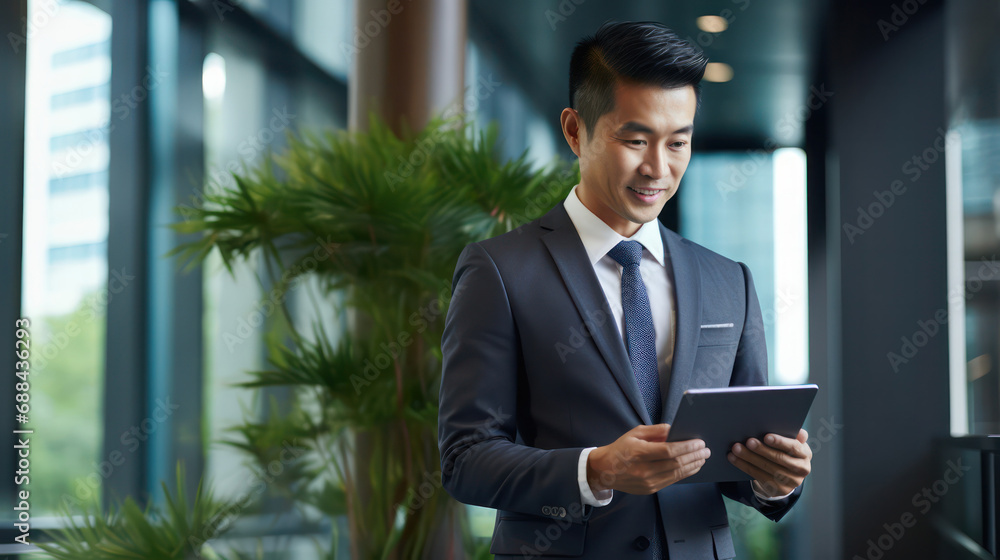 CEO Middle-Aged Businessman Smiles, Engaged with Tablet - Visionary Leadership in Action. CEO Middle-Aged Businessman Smiles, Engaged with Tablet - Visionary Leadership in Action.