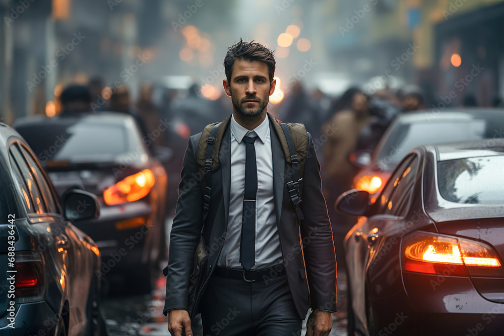 A man in a suit and tie walking down a street. Going to work in the morning. A man in a suit and tie walking down a street. Going to work in the morning.