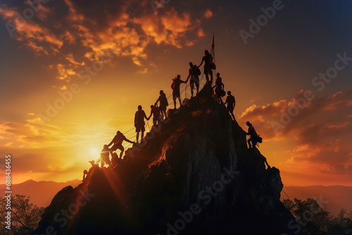 A group of people standing on top of a mountain. People helping each other.