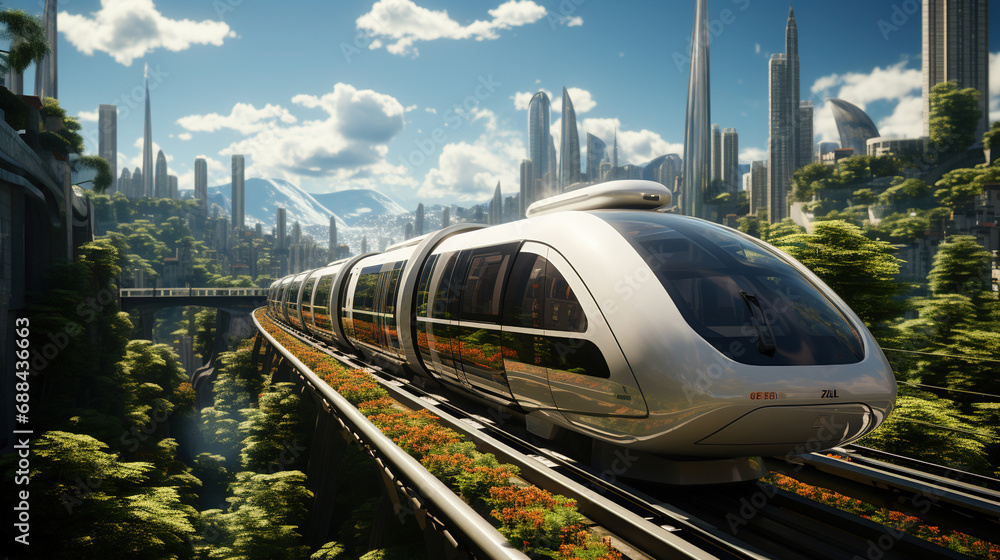 Naklejka premium Modern Bullet Train Travel Through Metro City Background